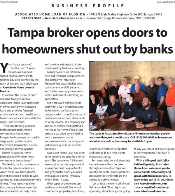 Business Profile newspaper feature on Associates Home Loan of Florida